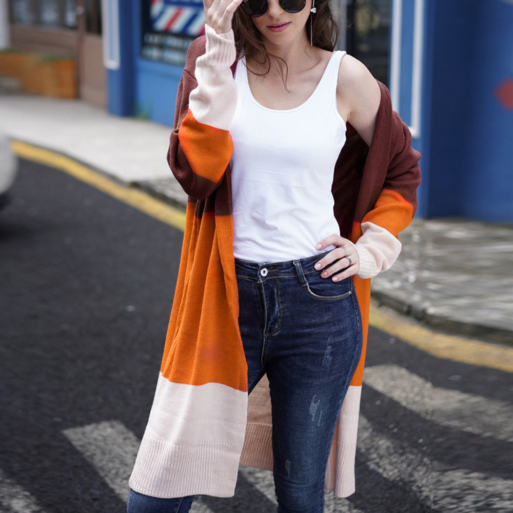Women’s Striped Knit Long Cardigan Sweater – Cotton Half-Open Collar Casual Cardigan, 5 Colors, S–XL
