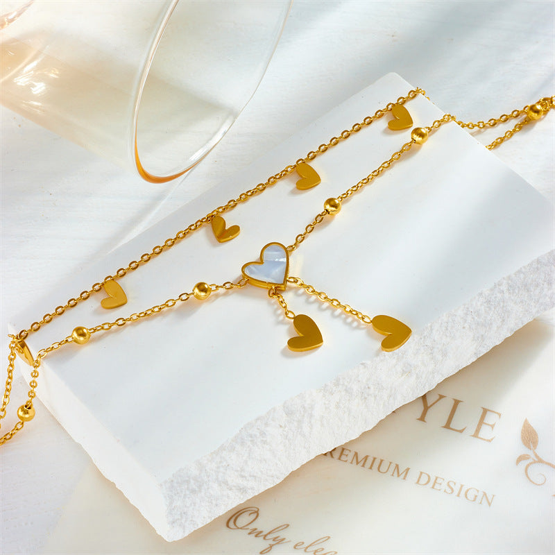 Trendy Layered Heart Pendant Chain Anklet in Titanium Steel