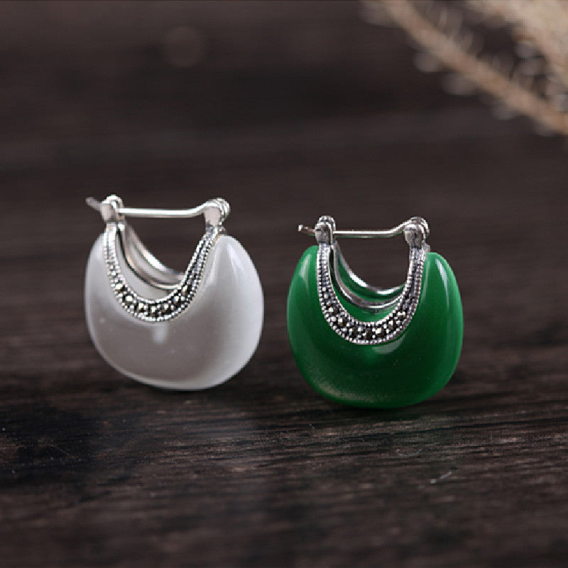 Vintage 925 Silver Cat’s Eye Earrings – Elegant Thai-Inspired Green & White Jewelry