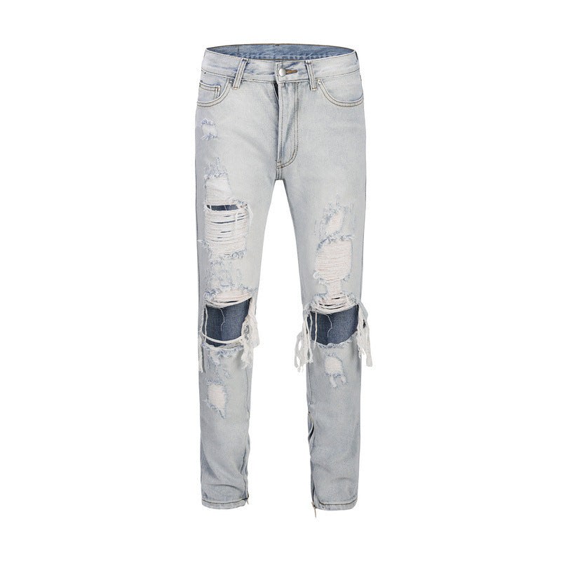 Men’s Light Blue Ripped Knee Jeans – Washed Cotton Denim Distressed Casual Jeans, Sizes 30–36