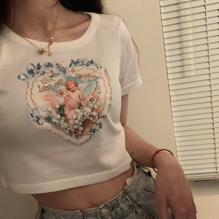 Angel Print Summer Short Sleeve T-shirt for Women