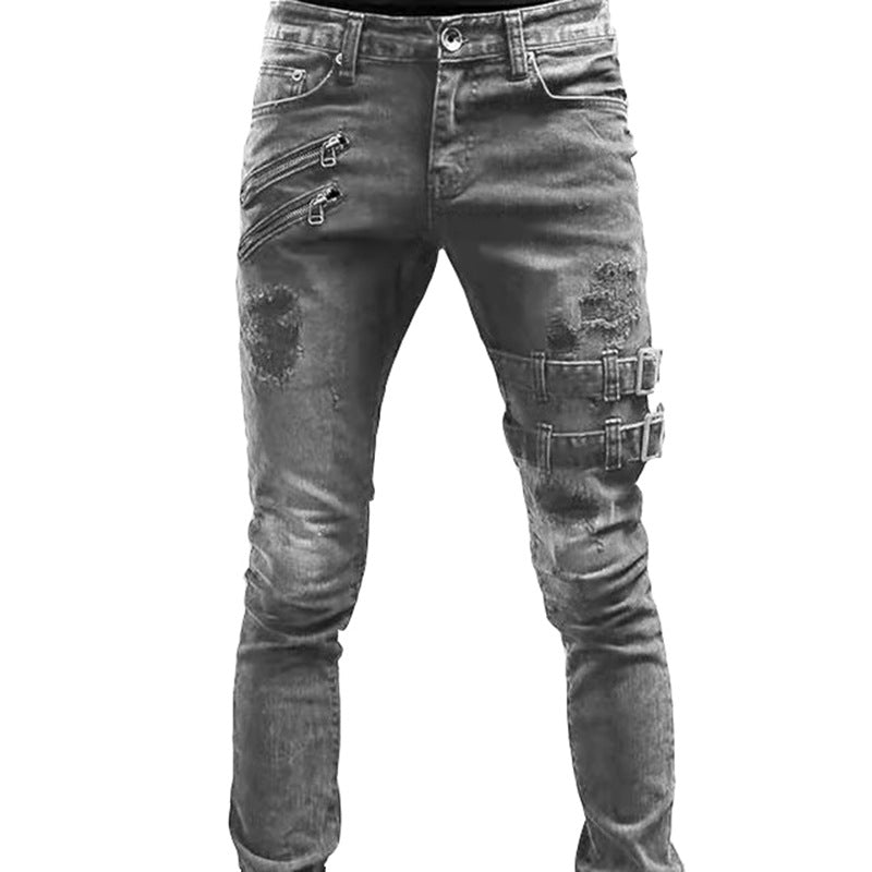 Men’s Trendy Ripped Motorcycle Jeans – Cotton Mid-Waist Tight-Fit Denim in Black, Dark Blue & Gray, S–3XL