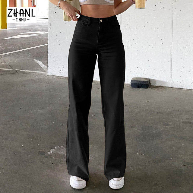 Women’s Trendy Wide-Leg Casual Jeans – Cotton-Blend Straight-Leg Pants in Khaki, Black & Brown, S–L