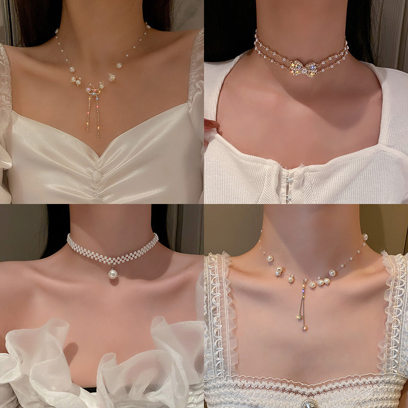 Korean Vintage Pearl Tassel Floral Bow Choker Necklace