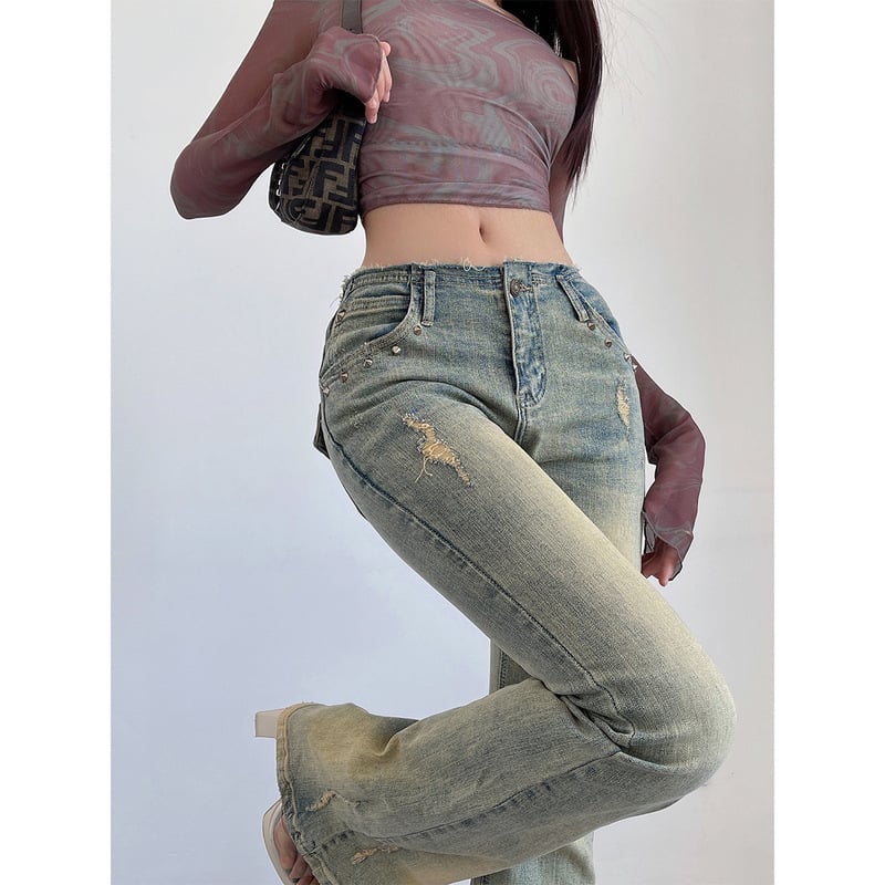Women’s High-Waist Rivet Flared Jeans – Retro Blue Micro-Stretch Denim, XS–L