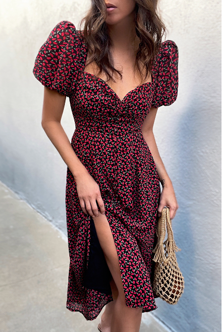 WOLFF Square Neck Floral Wrap Dress for Women – Puff Sleeve Tie Waist Flowy One-Piece Dress