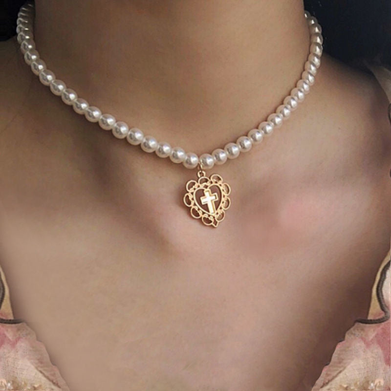 Retro Women's Heart Cross Pendant Pearl Choker Necklace
