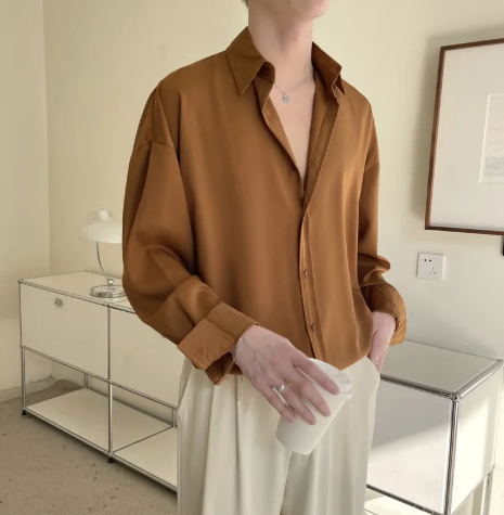 Men’s Retro Tencel Non-Iron Long Sleeve Shirt – Korean Style Draped Casual Shirt