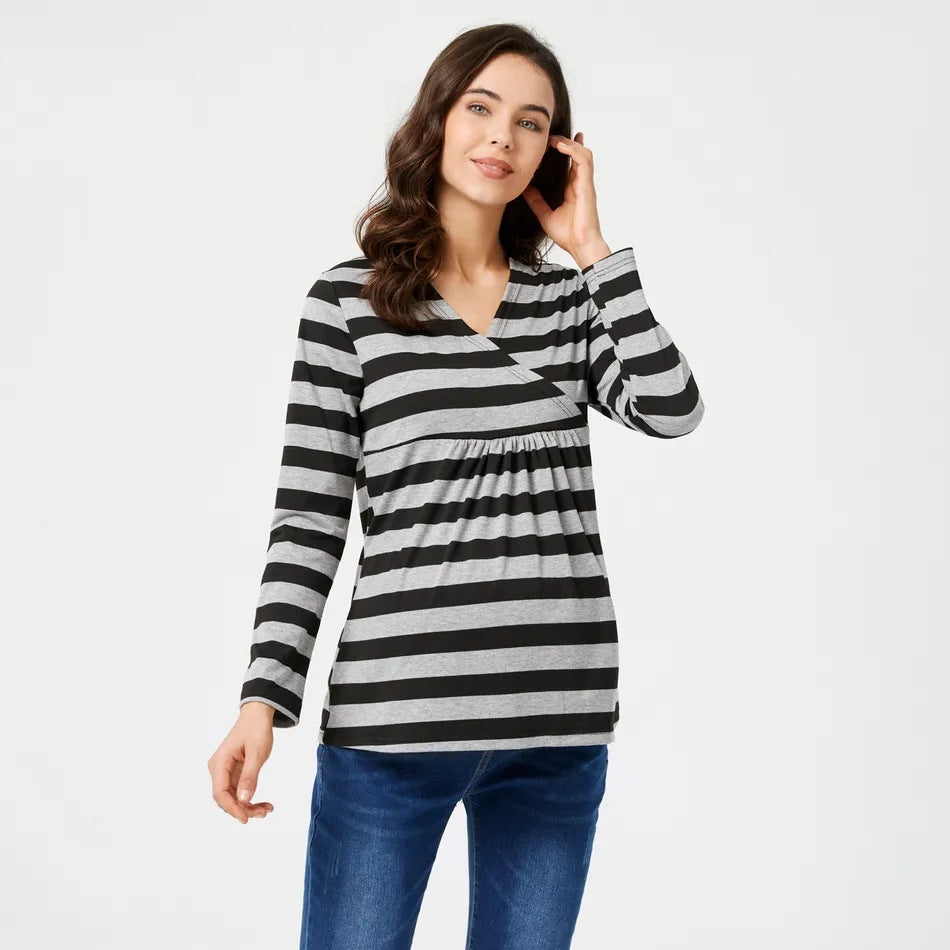Women’s Striped V-Neck Maternity Nursing Top – Breastfeeding Casual Shirt