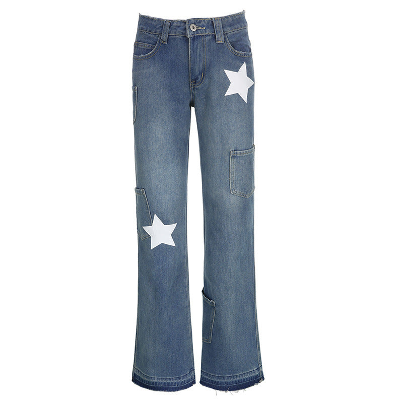 Women’s American Retro Star Print Asymmetric Jeans – Low-Waist Blue Statement Denim, S–L