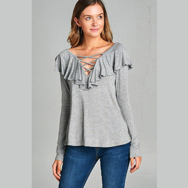 Long Sleeve V-Neck Ruffle Solid Color T-Shirt for Women