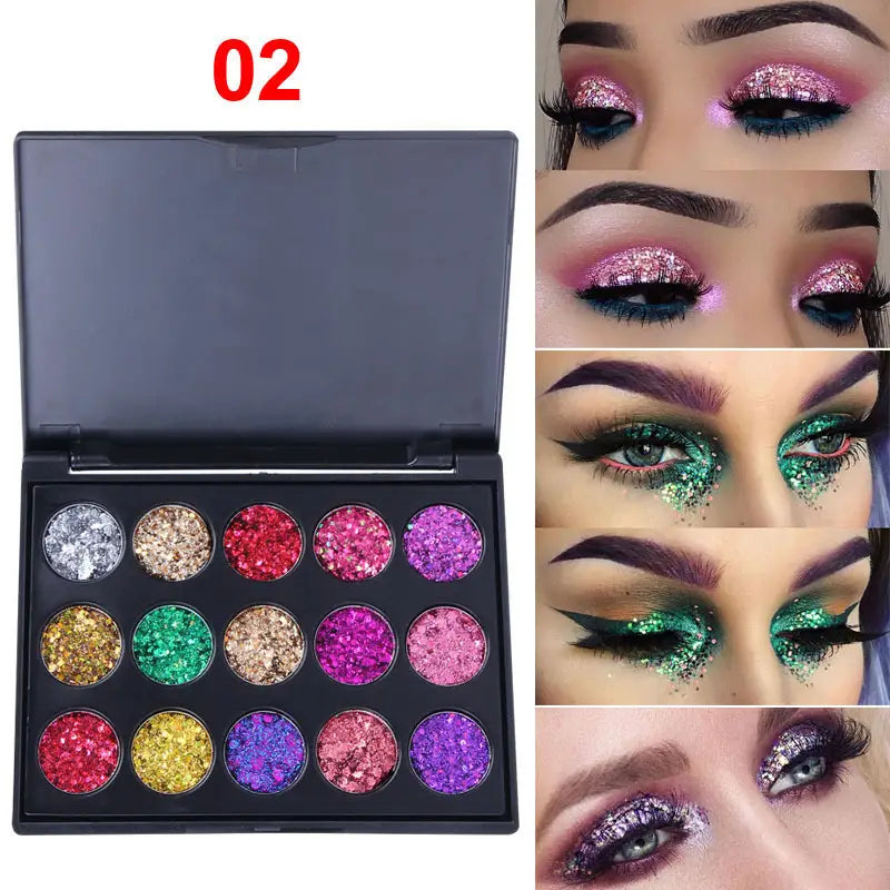 15-Color Shimmer Glitter Eyeshadow Palette – Vibrant Sparkle Makeup
