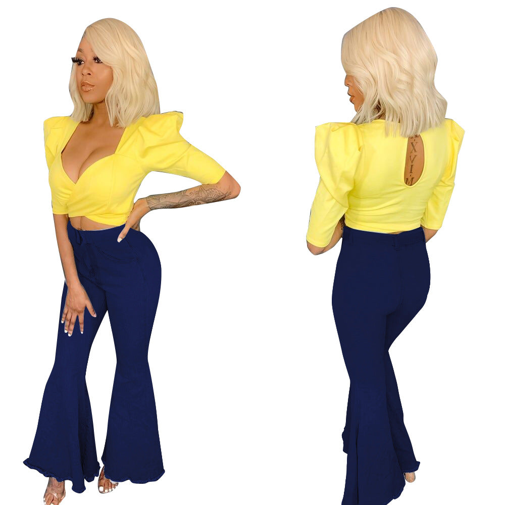 Women’s High-Stretch Denim Flared Jeans – Retro Flare Pants in Dark & Light Blue, S–3XL