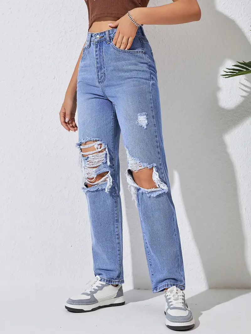 Women’s High-Waist Ripped Straight-Leg Jeans – Distressed Blue Denim, XS–L