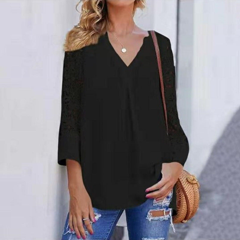 Loose-Fit Lace-Trimmed V-Neck T-Shirt for Women