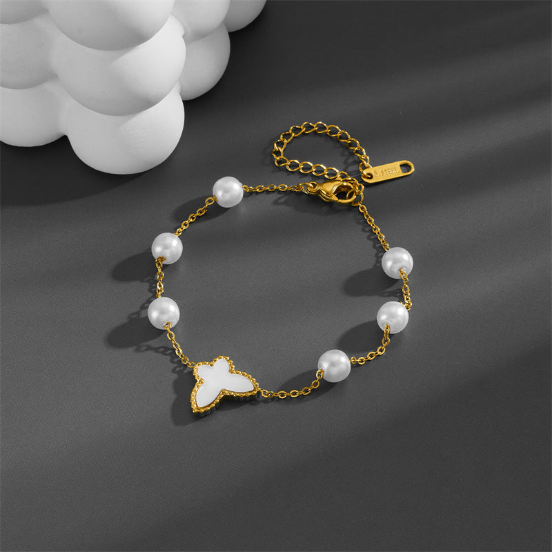 Simple White Shell Butterfly Pearl Bracelet for Women