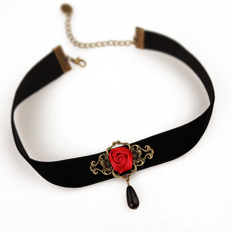 Fashion Vintage Choker Necklace with Red Rose & Pearls