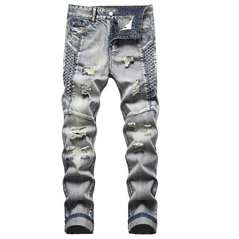 Embroidered Ripped Men’s Nostalgic Jeans – 100% Cotton Mid-Waist Distressed Denim Pants, Sizes 29–42
