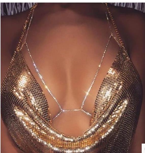 Women’s Rhinestone Chest Body Chain – Gold & Silver Statement Fashion Jewelry
