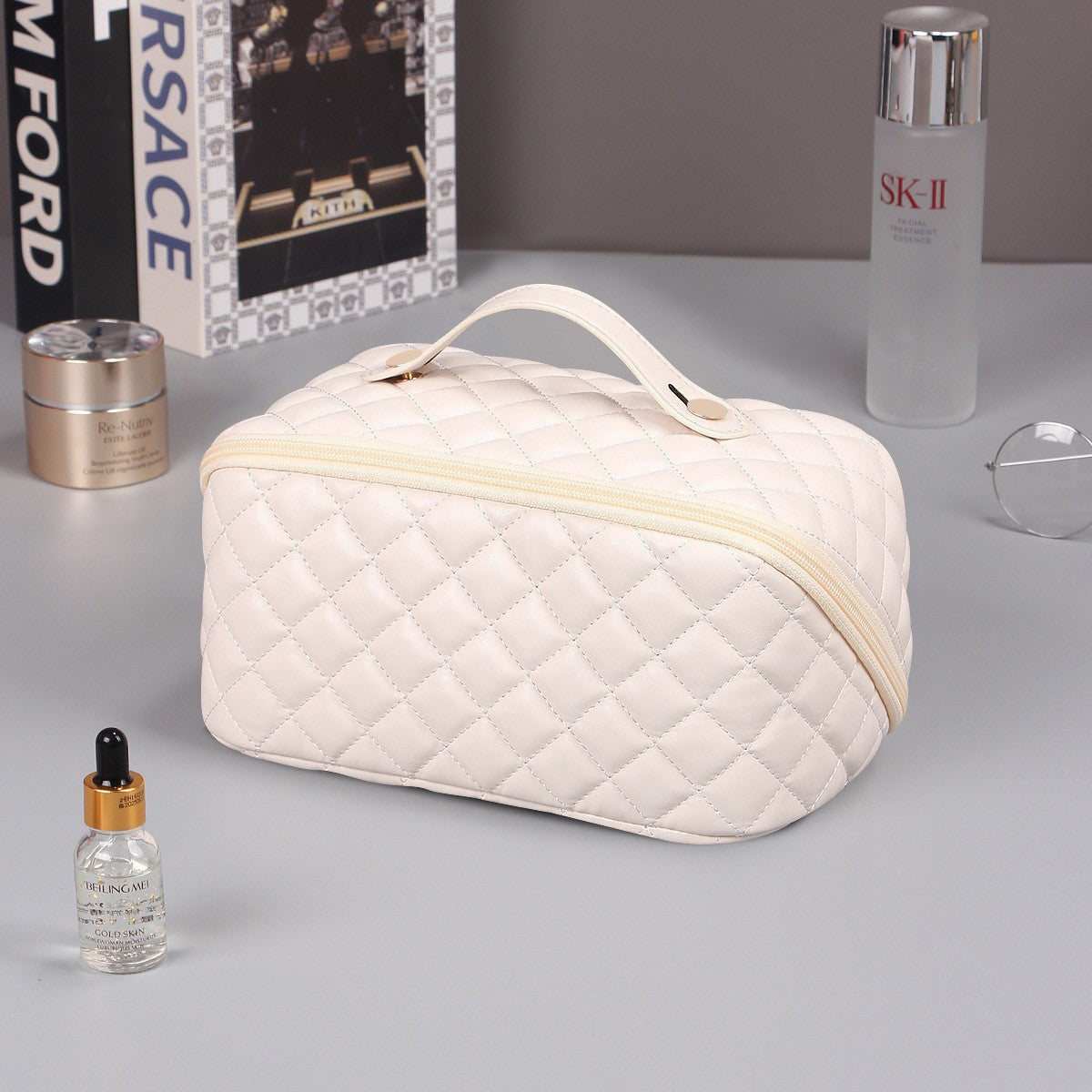 Large Capacity Checkered Travel Cosmetic Bag – Makeup & Toiletry Organizer