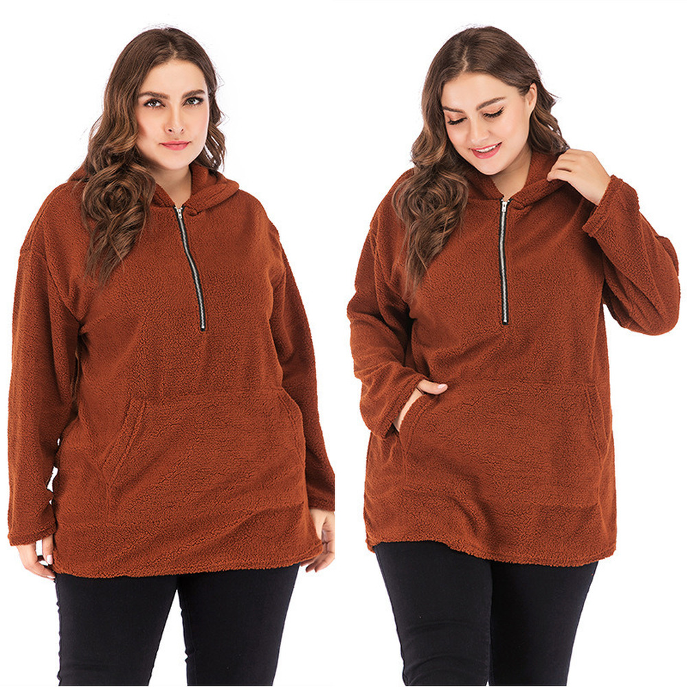 Women’s Plus Size Hooded Lamb Wool Sweater – Mid-Length Long Sleeve Camel Pullover, XL–4XL