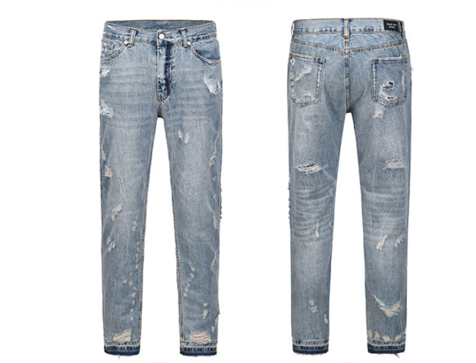 Unisex High Street Straight Jeans – Mid-Waist Washed Blue Cotton Denim, Sizes 30–36
