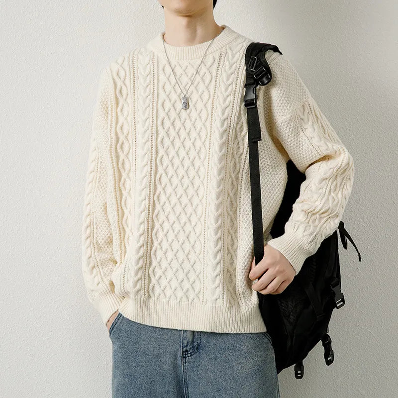 Men’s Twist-Weave Round-Neck Sweater – Textured Casual Knitwear – USA