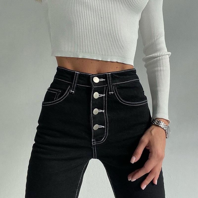Women’s Exposed Straight-Leg Jeans – 100% Cotton High-Waist Denim in Black, Blue & Grey, XS–XL