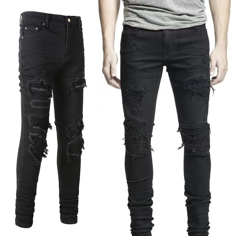 Men’s Black Hole Embroidered Jeans – Low-Waist Distressed Slim Denim Pants, Sizes 28–42