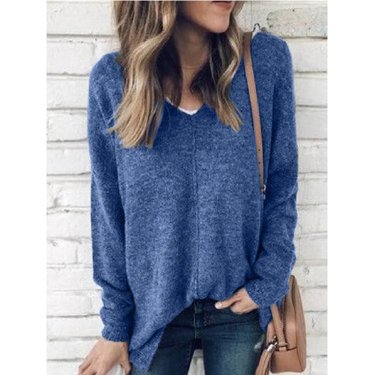 Women’s Plus Size V-Neck Fleece Pullover Sweater – Thick Cotton Spliced Warm Top, 6 Colors, S–5XL