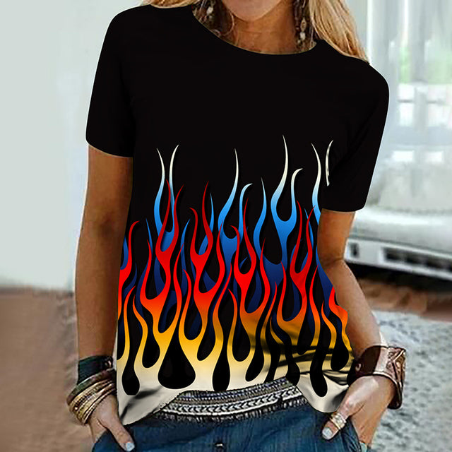 Women’s Colorful Flame 3D Print Oversized T-Shirt – Summer Streetwear Tee