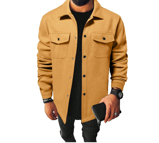 Men’s Classic Lapel Shirt Jacket – Comfortable English-Style Long Sleeve Overshirt, Black & Yellow, S–3XL