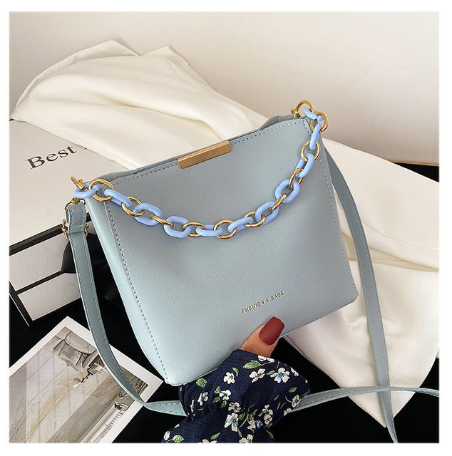 Solid Color PU Leather Tote Bag for Women – Compact Bucket Shoulder & Crossbody Bag