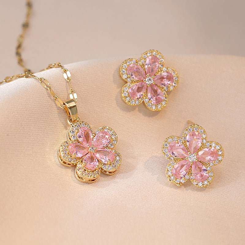 Pink Zircon Flower Necklace – Elegant Floral Pendant Jewelry for Women
