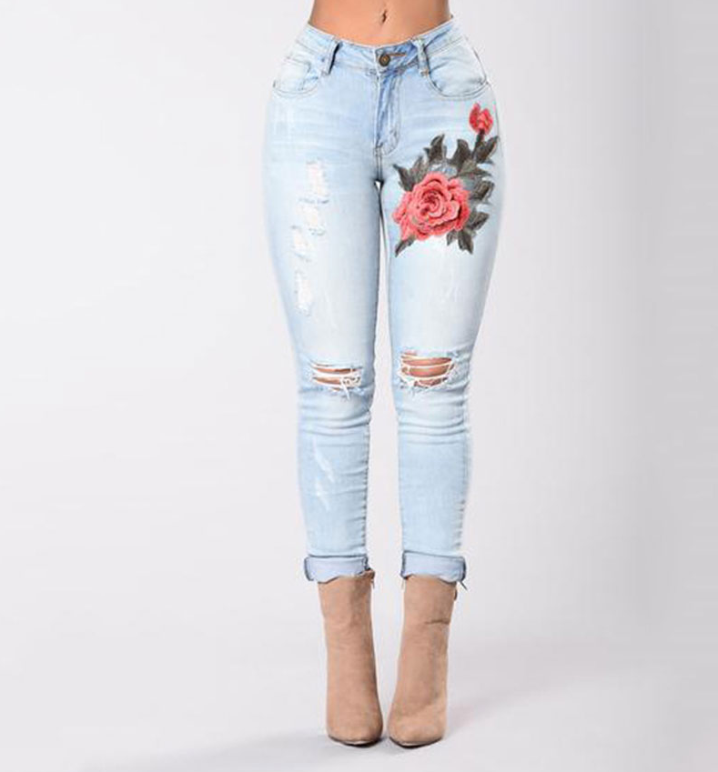 Women’s High-Stretch Embroidered Ripped Skinny Jeans – Distressed High-Waist Denim, S–3XL