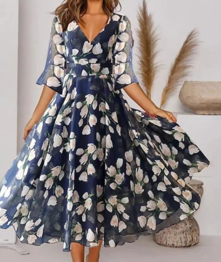 WOLFF Chiffon Party Dress for Women – Elegant Wide V-Neck Dress for Weddings & Special Occasions