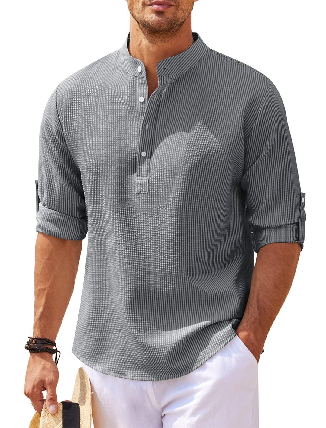 Men’s Pineapple Texture Stand Collar Shirt – Casual Short Sleeve Summer Button Shirt