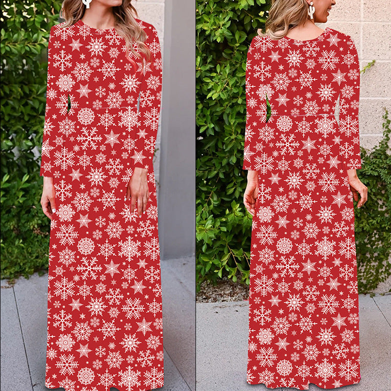 Christmas Printed Dress – Red Long Sleeve Holiday Party Dress for Women