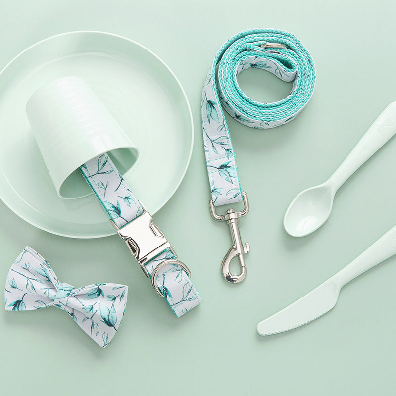 Tropical Leaf Dog & Cat Collar Set – Bowtie Collar & Matching Leash with Metal Buckle