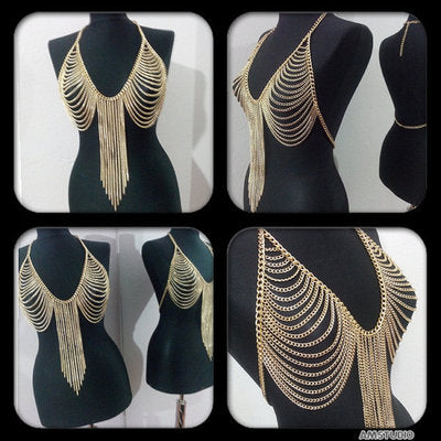 Women’s Geometric Chest Pendant Body Chain – Electroplated Statement Jewelry, White K, Gun Black & Gold