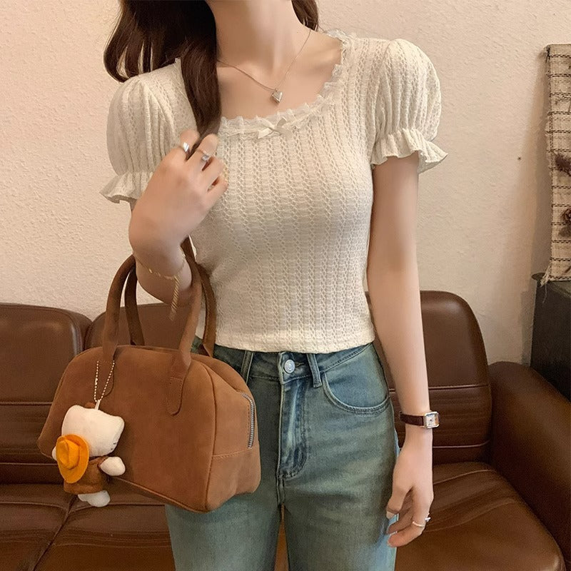 French Puff Sleeve T-Shirt for Women, Retro Chic Style