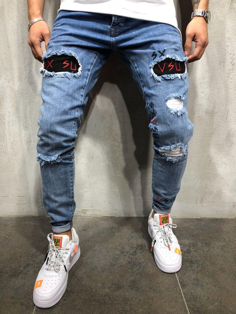 Men’s Embroidered Ripped Denim Pants – Casual Streetwear Jeans – USA
