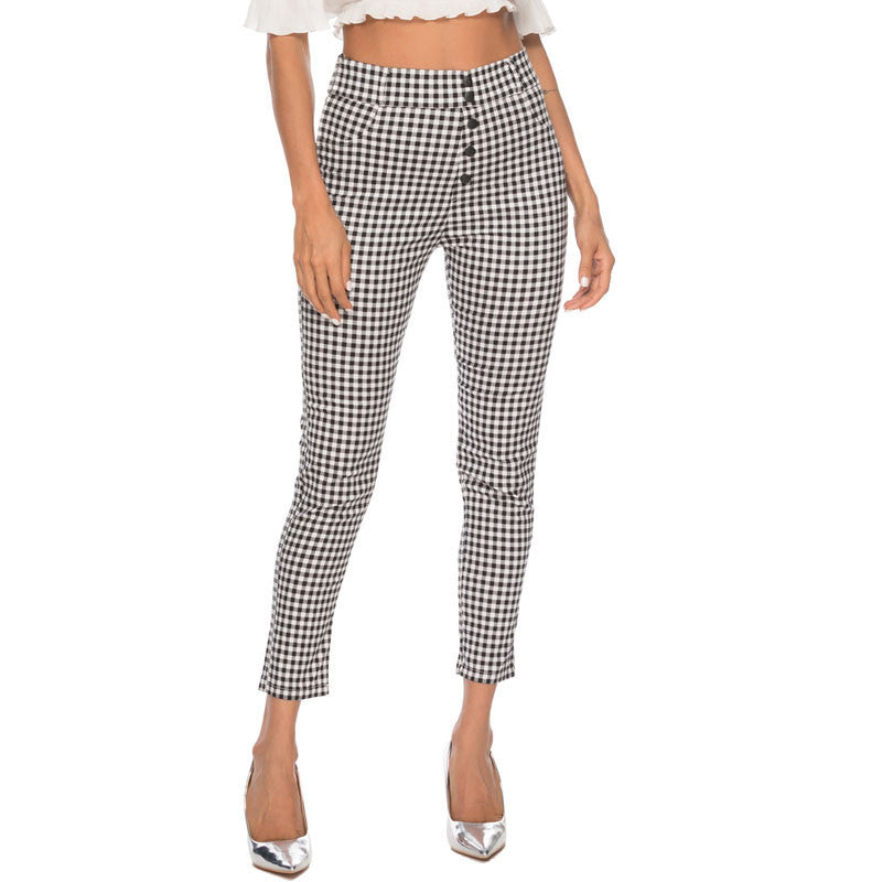 Women’s High-Waisted Checkered Pencil Pants – Black Plaid Slim-Fit Trousers with Side Zipper, S–2XL