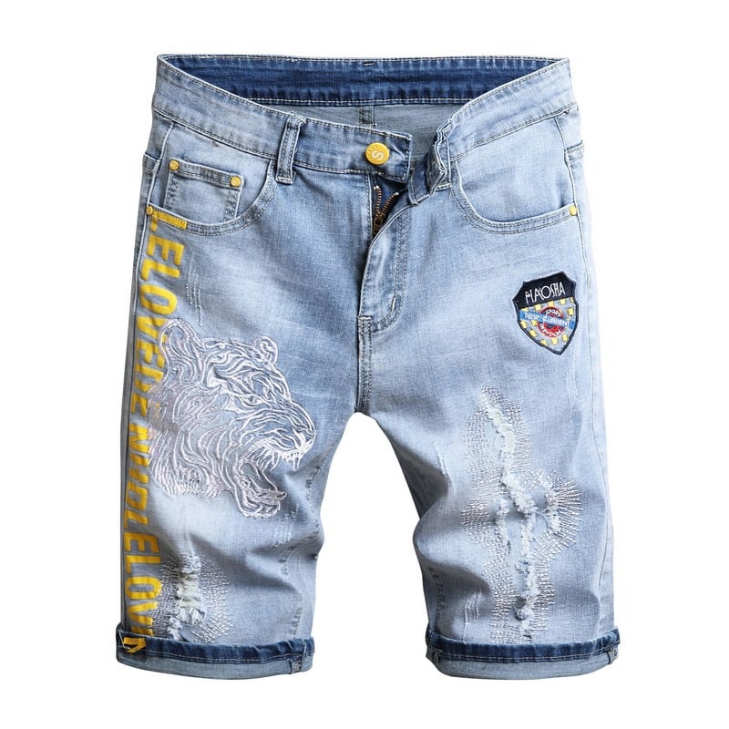 Men’s Stretch Denim Embroidered Five-Point Shorts – Casual Summer Shorts