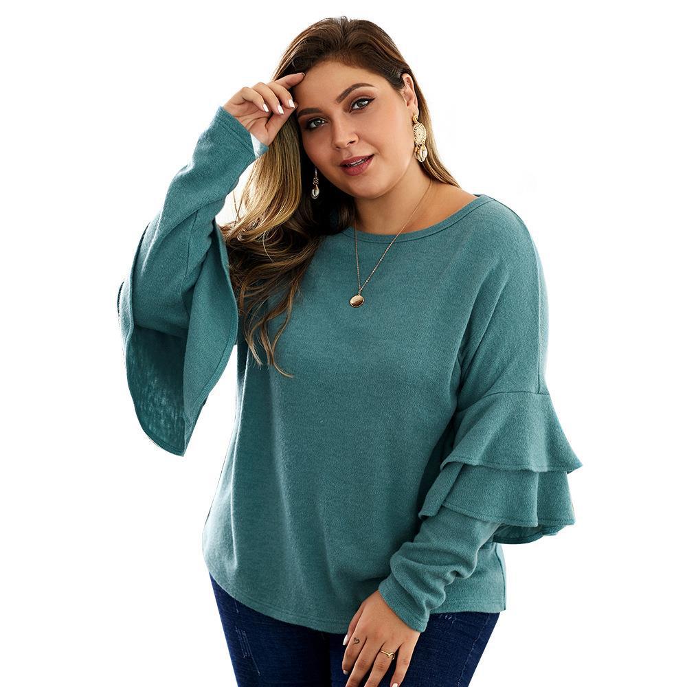 Women’s Plus Size V-Neck Knit Sweater – Lightweight Long Sleeve Lotus Leaf Pullover, Blue, Khaki & Green, XL–4XL