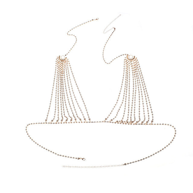 Women’s Rhinestone Heart Body Chain – Adjustable Gold & Silver Chest Jewelry, 21–50cm