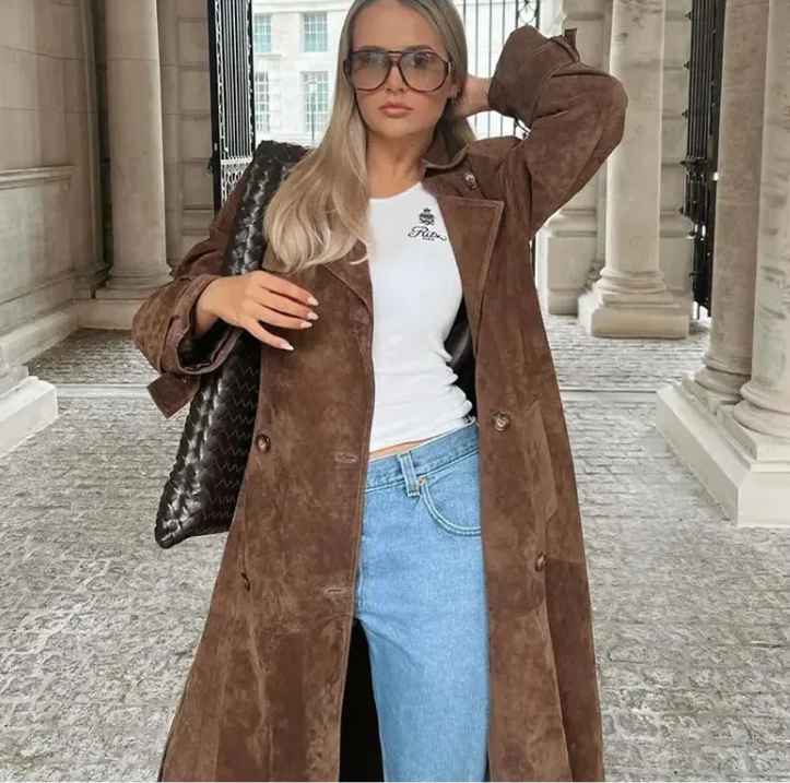 Women’s Double-Breasted Fashion Coat – Tailored Brown Elegant Jacket, S–L