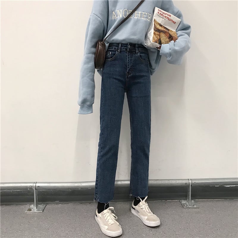 Women’s Chic High-Waist Calf Jeans – Straight-Leg Cropped Denim in Light Blue & Black, S–L