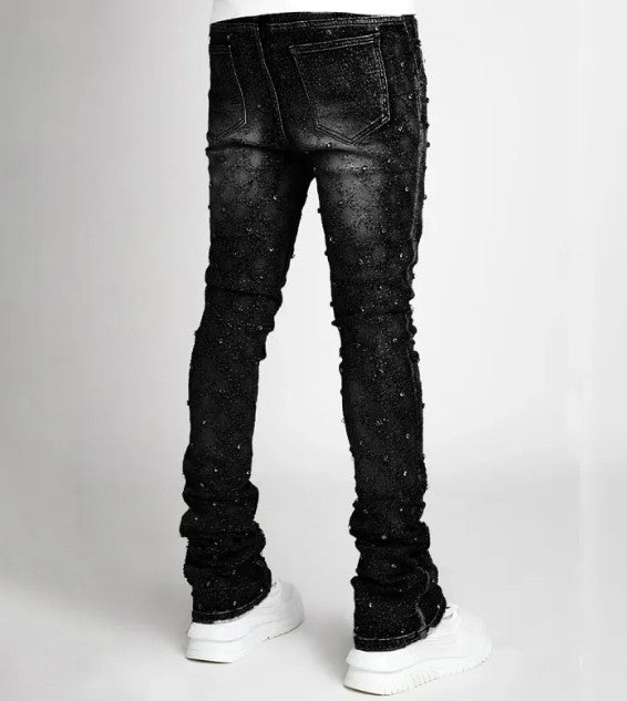 Slim-Fit Rhinestone Embellished Denim Jeans – Stacked Straight-Leg Blue & Black Fashion Jeans, S–2XL