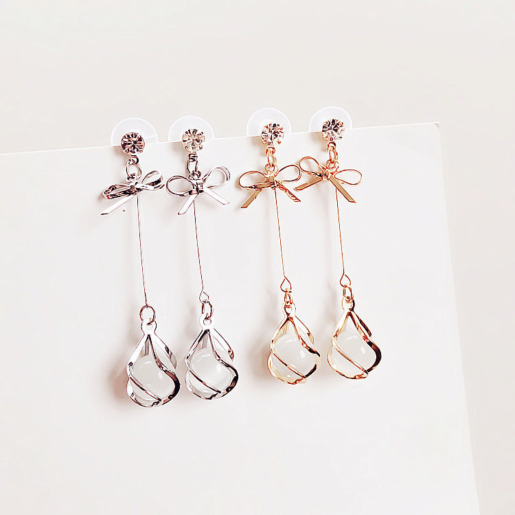Korean Bowknot Cat’s Eye Tassel Earrings – Minimalist Long Drop Jewelry